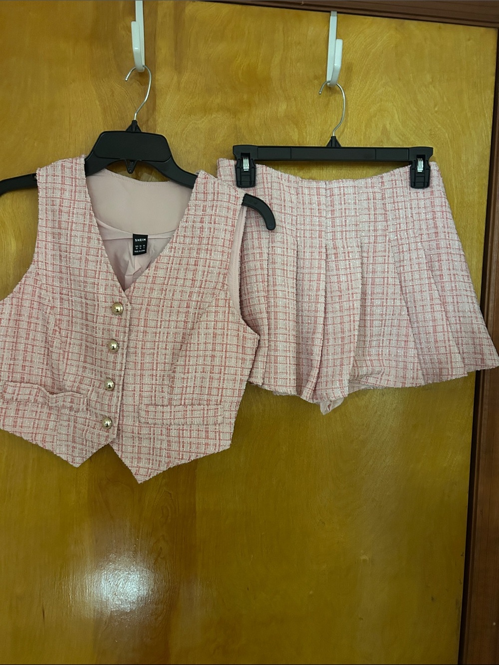 SHEIN Pink Tweed Skort and Vest Set with Gold Buttons
